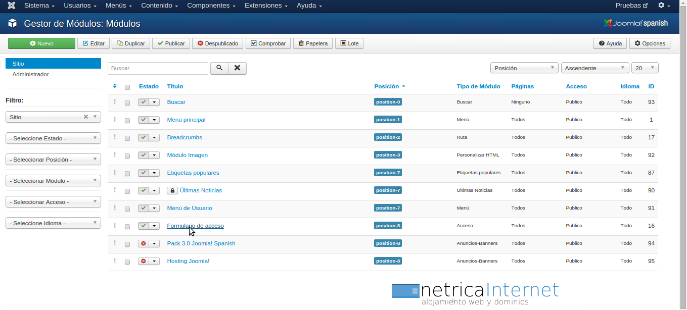 Gestionar módulos en joomla imágen 1