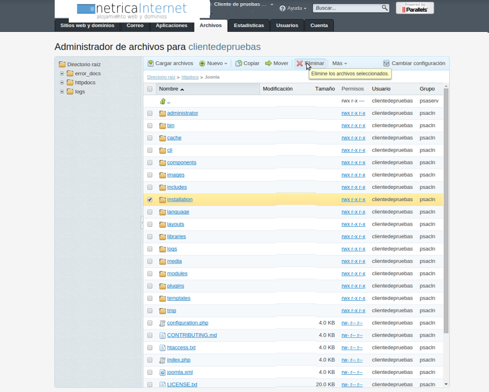 Instalar joomla manualmente desde plesk imágen 13