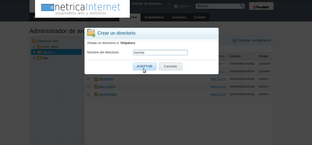 Instalar joomla manualmente desde plesk imágen 3