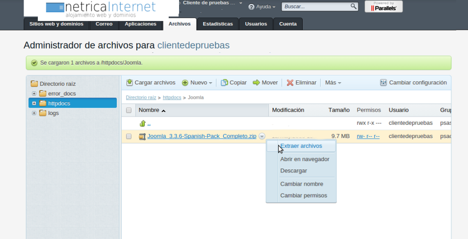 Instalar joomla manualmente desde plesk imágen 5