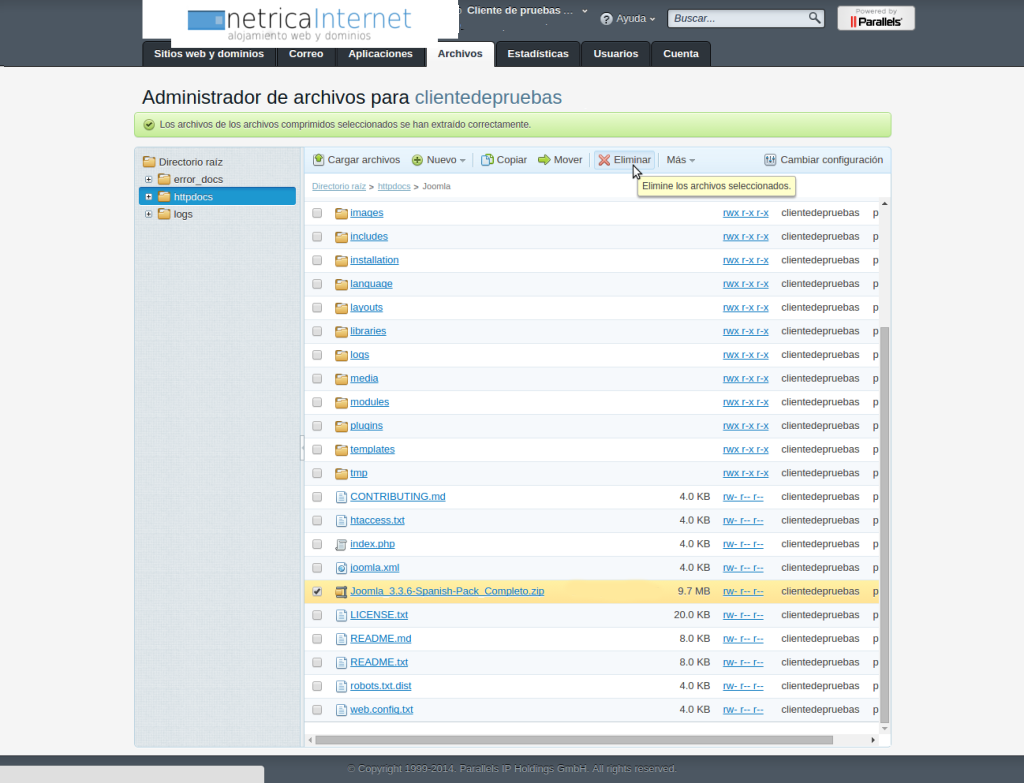 Instalar joomla manualmente desde plesk imágen 6