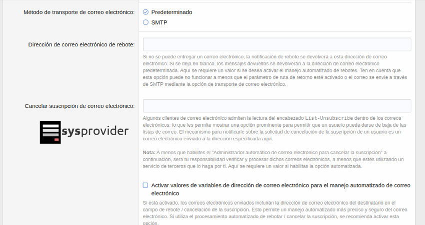 opciones de correo electronico