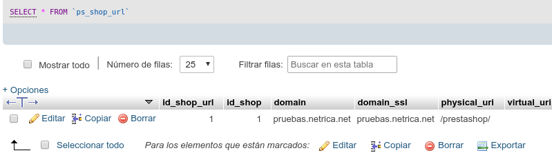 Cómo cambiar la URL de PrestaShop desde phpMyAdmin