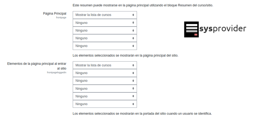 ajustes de la página principal