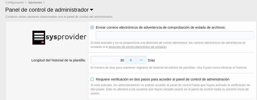 panel de control del administrador